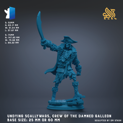 a blue pirate figurine, specifically the crew of the Damned Galleon, standing on a ship's deck and holding a sword.