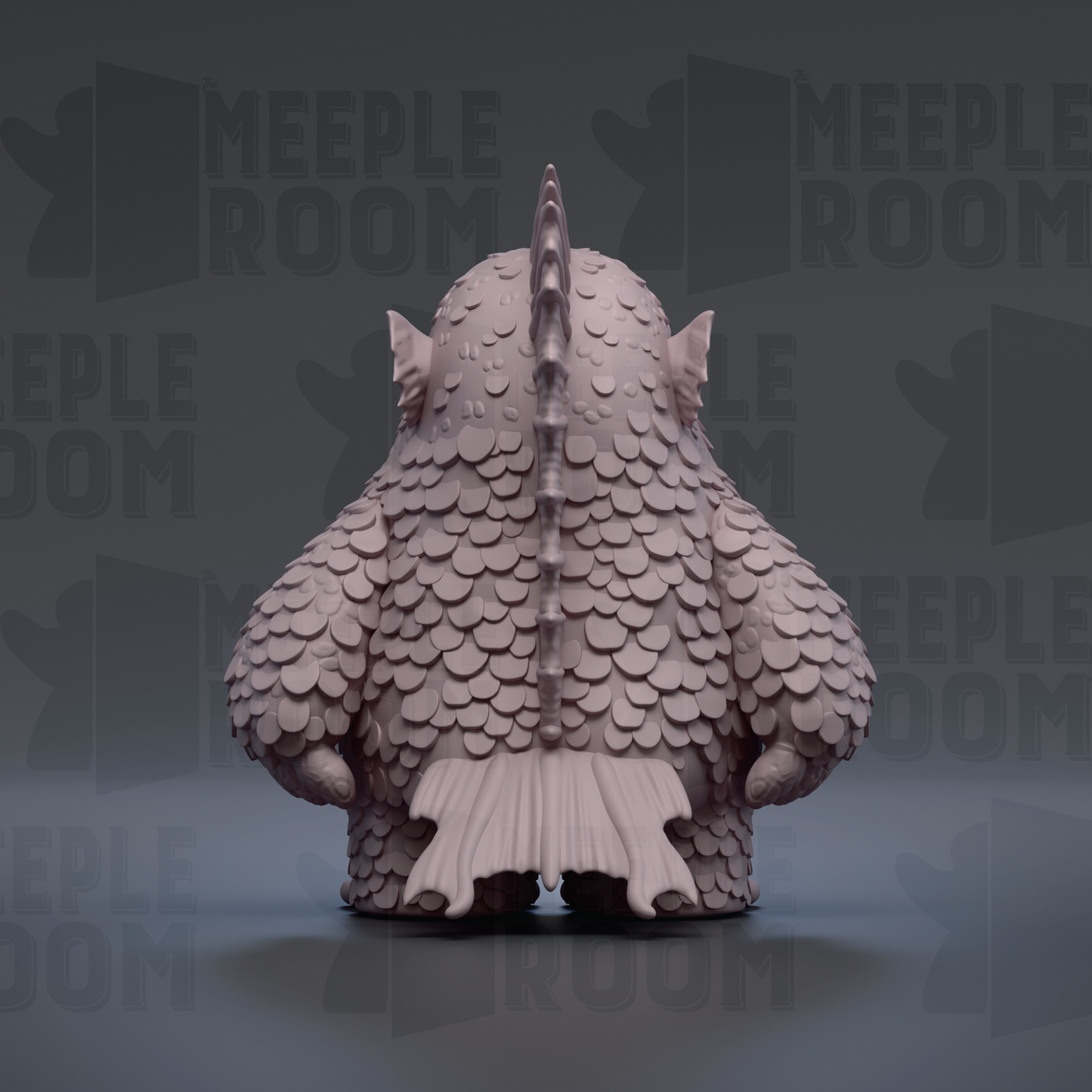A 3D rendering of a fish-like creature with scales and fins, sitting on a gray surface against a dark background with repeated text.