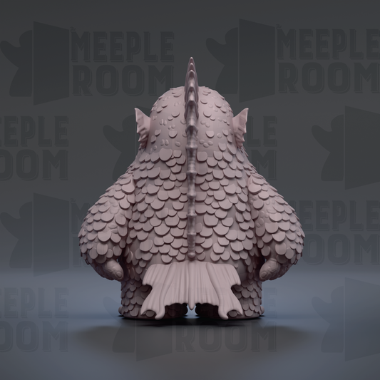 A 3D rendering of a fish-like creature with scales and fins, sitting on a gray surface against a dark background with repeated text.