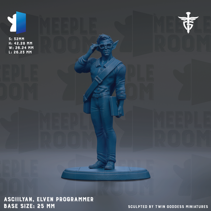 a blue figurine of a person, likely a programmer, standing in a room with the text "MEEPLE ROOM" repeated across the background.