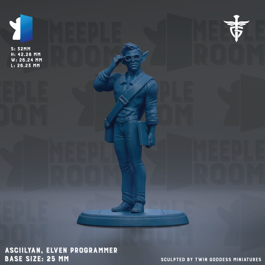 a blue figurine of a person, likely a programmer, standing in a room with the text "MEEPLE ROOM" repeated across the background.