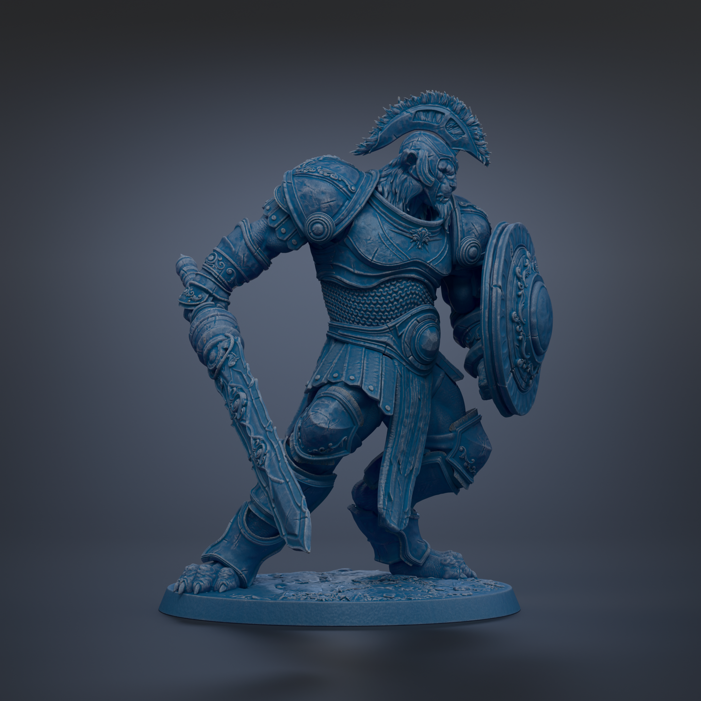 A blue armored warrior figure holding a shield and sword, standing in a fighting stance.