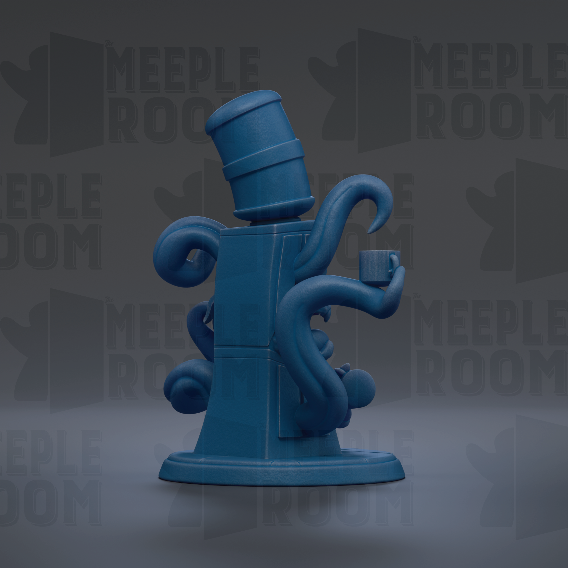 A blue octopus-shaped object with a cup in its tentacles, set against a dark background with repeated text.