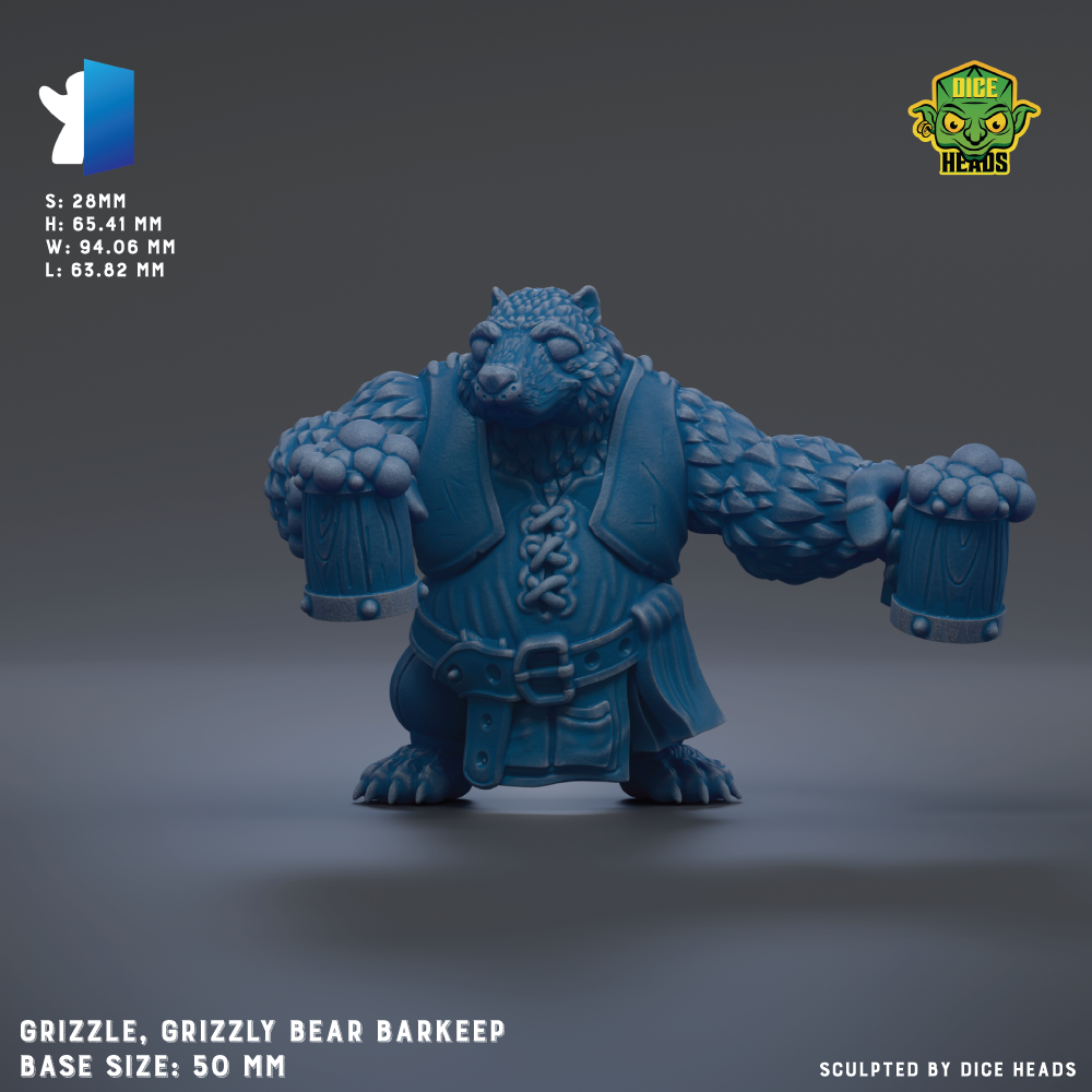 A 3D model of a Grizzly Bear Barkeep figurine, with the base size of 50mm.