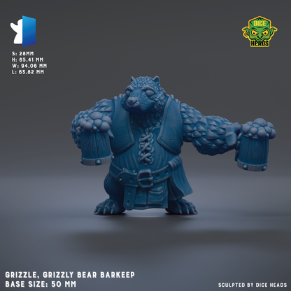 A 3D model of a Grizzly Bear Barkeep figurine, with the base size of 50mm.