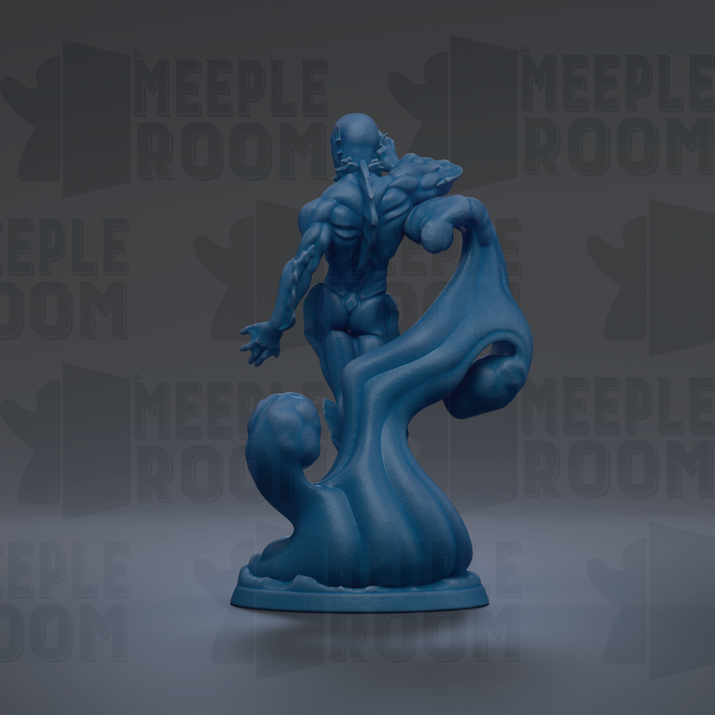 A blue, abstract statue of a human figure with a flowing, organic shape.