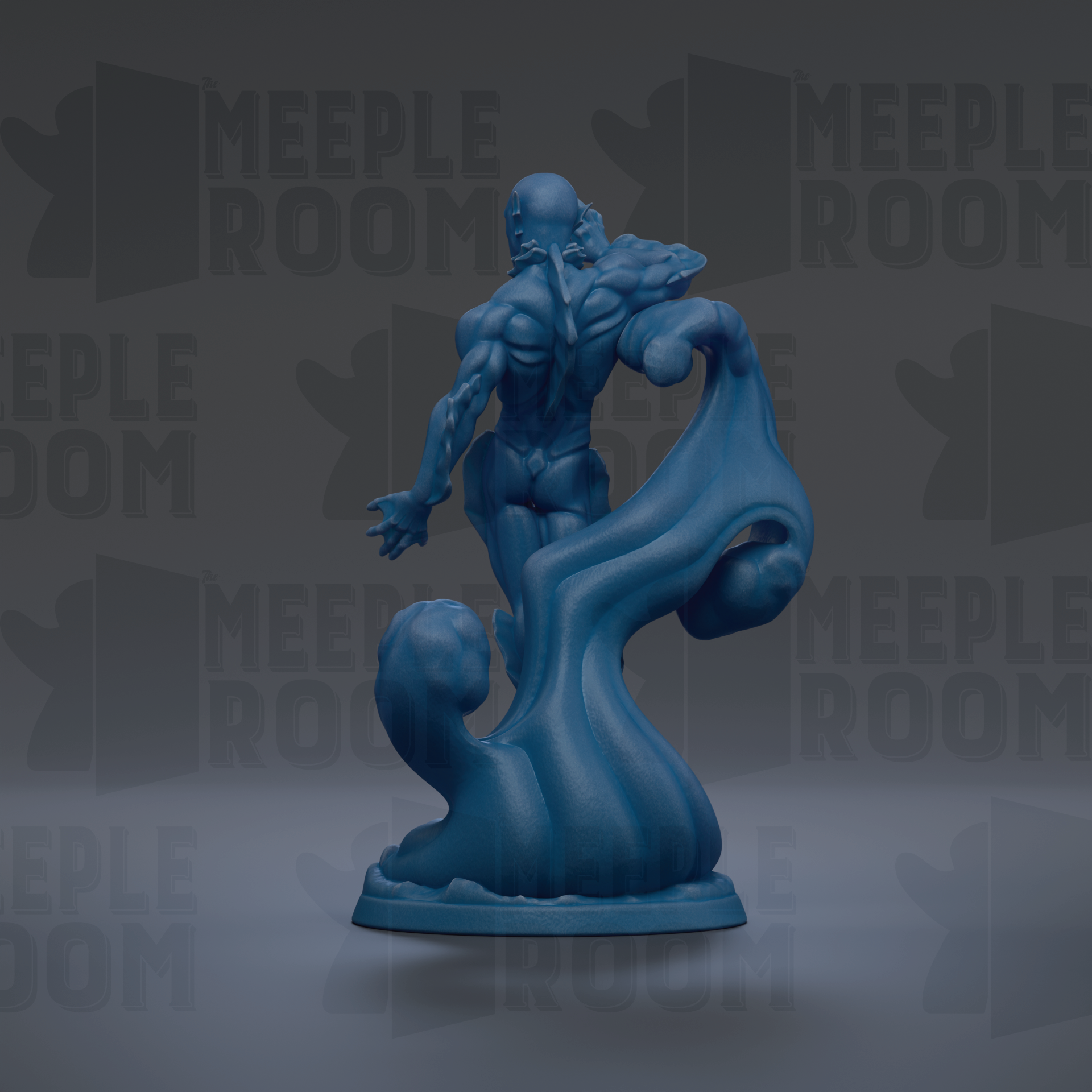 A blue, abstract statue of a human figure with a flowing, organic shape.