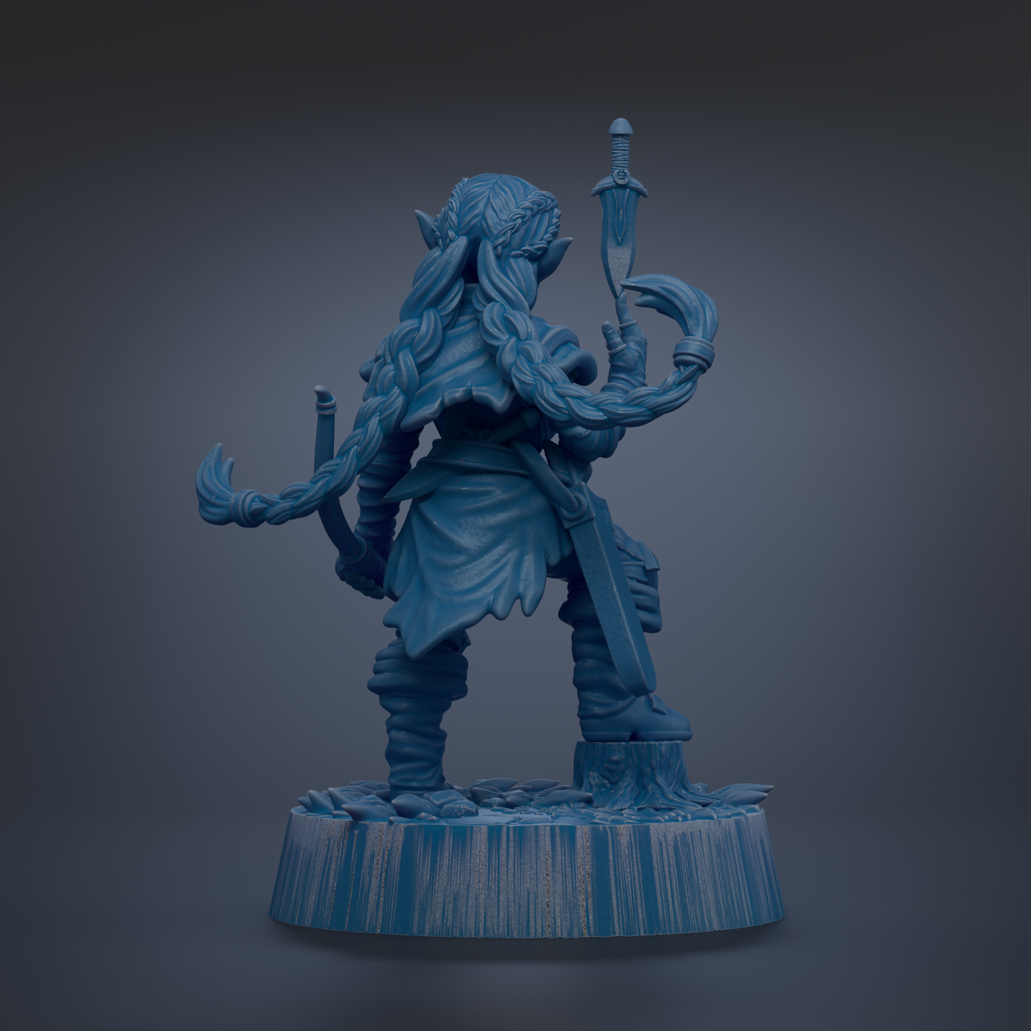 A blue, 3D-rendered statue of a female character with long hair and a sword, standing on a base.
