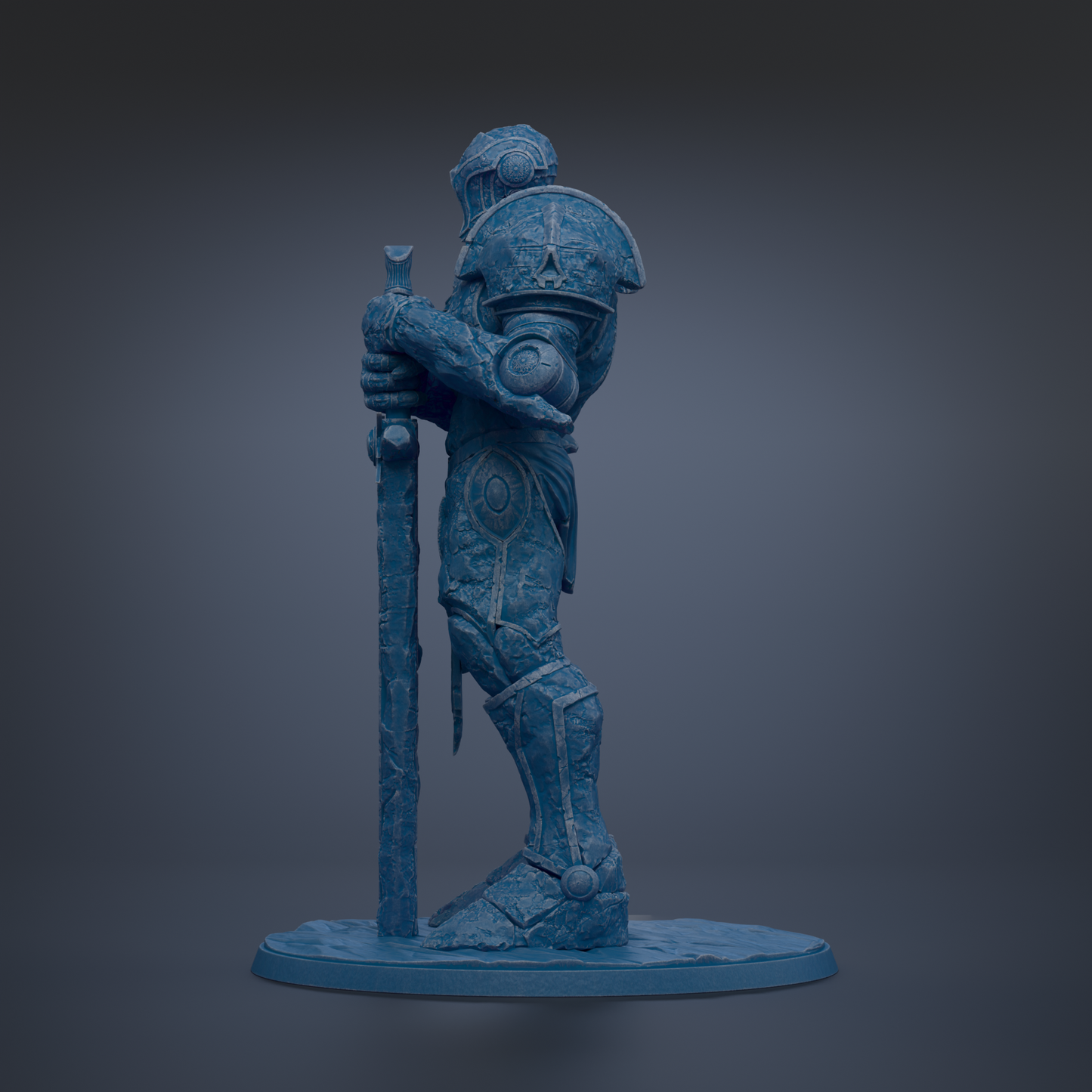A blue armored knight statue stands on a base, holding a sword in its right hand.