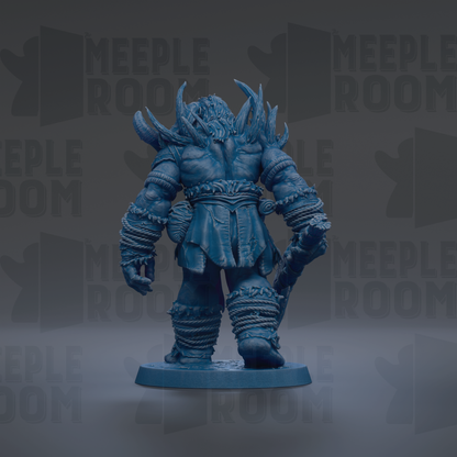 A blue figurine of a warrior-like character with horns and a flowing robe, standing on a base and facing away from the camera.
