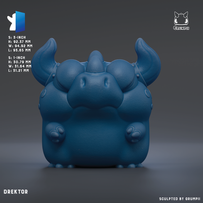 A 3D rendering of a blue, cartoonish character with horns and a large body, sitting on a surface.