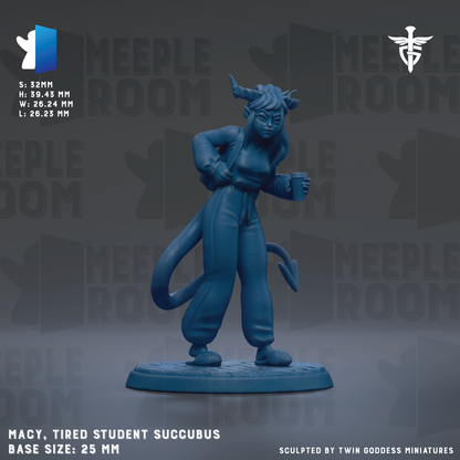 A blue figurine of a tired student succubus, a character from the video game Meeple Room, is shown in the image.