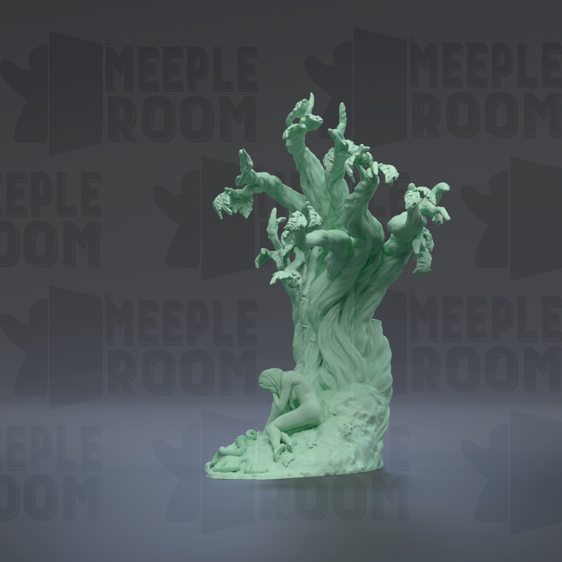 A green, abstract sculpture resembling a tree or plant with a human-like figure sitting or kneeling in the center.