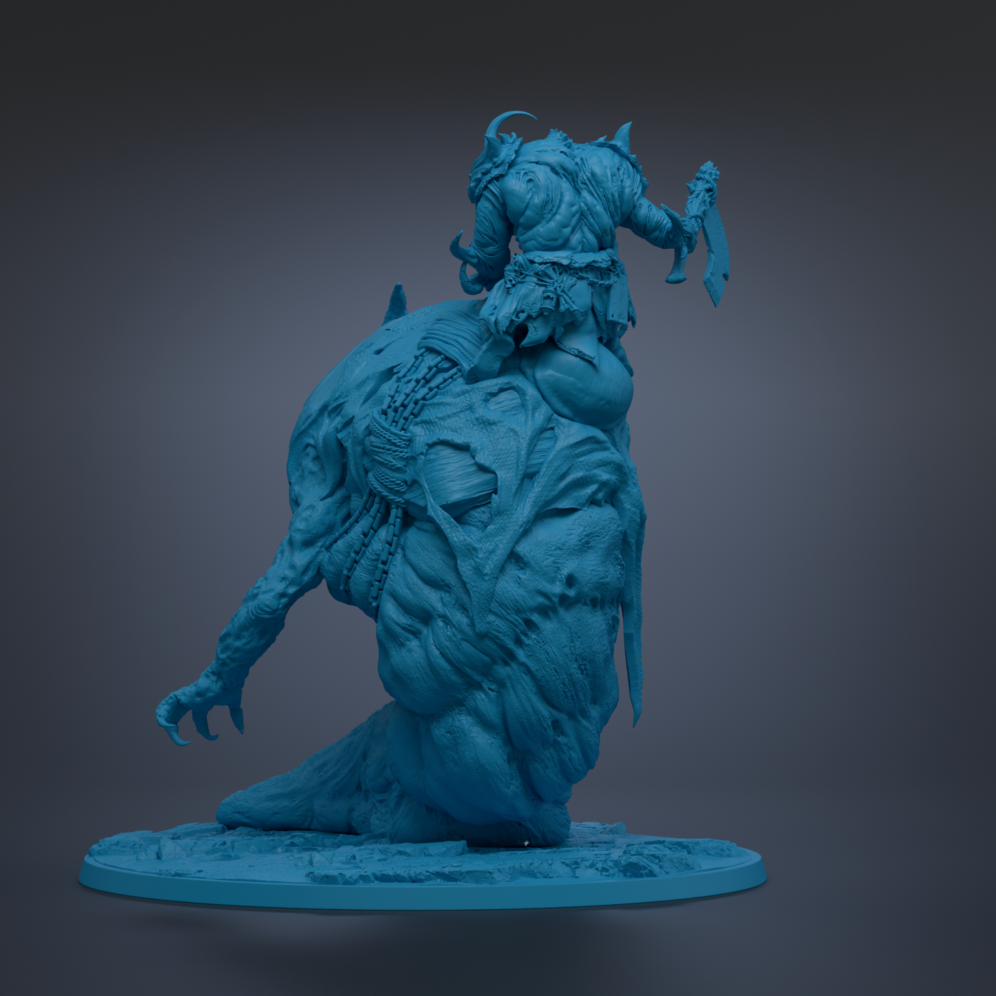 A 3D rendering of a fantastical creature, possibly a dragon or serpent, with a human-like figure riding on its back. The creature appears to be in a dynamic pose, with its head tilted and its body twisted. The background is dark, which emphasizes the colors and details of the sculpture.