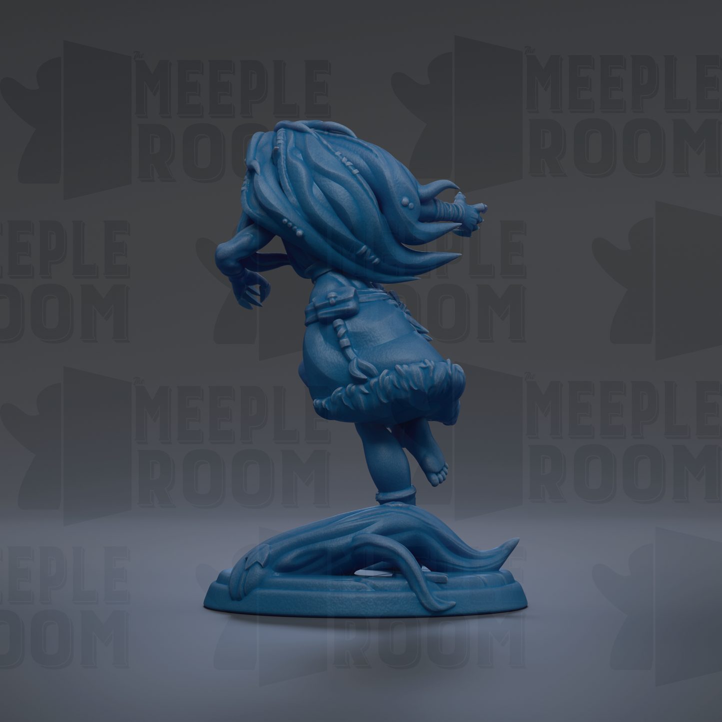 A blue figurine of a person with long hair and a flowing skirt, standing on a rock and holding a weapon, against a dark background with repeated text.