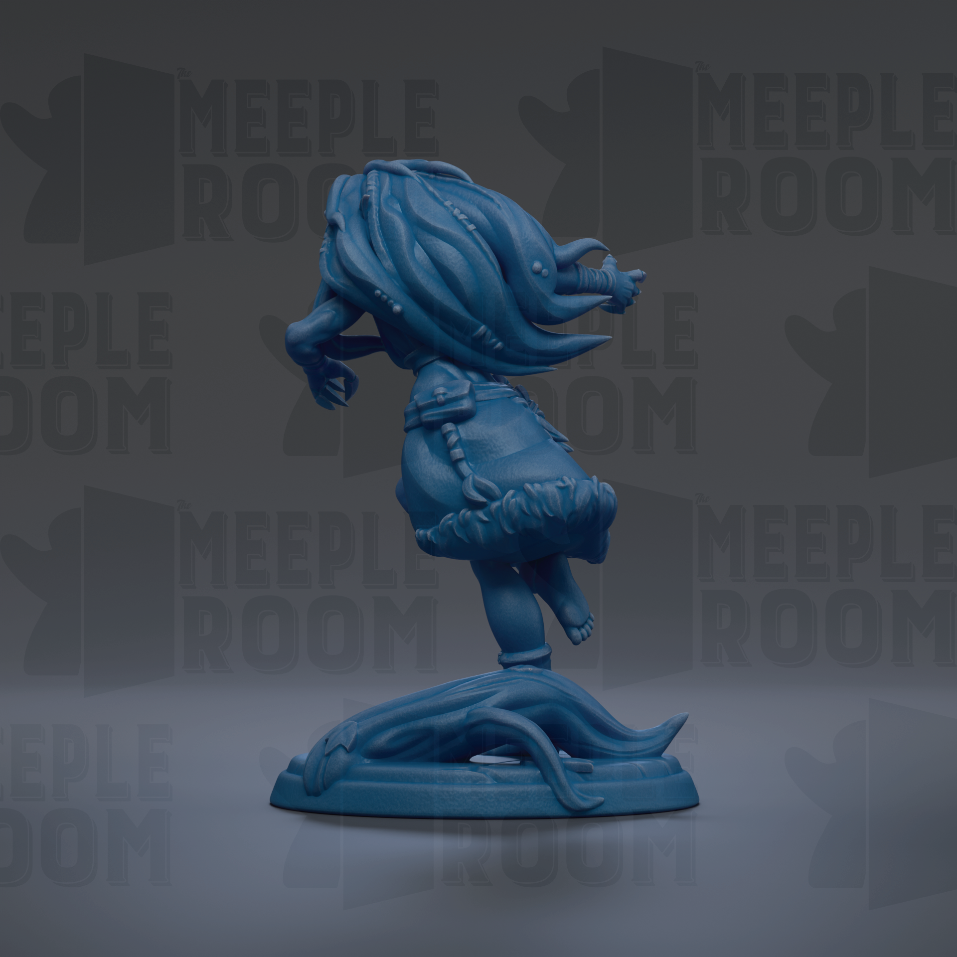 A blue figurine of a person with long hair and a flowing skirt, standing on a rock and holding a weapon, against a dark background with repeated text.