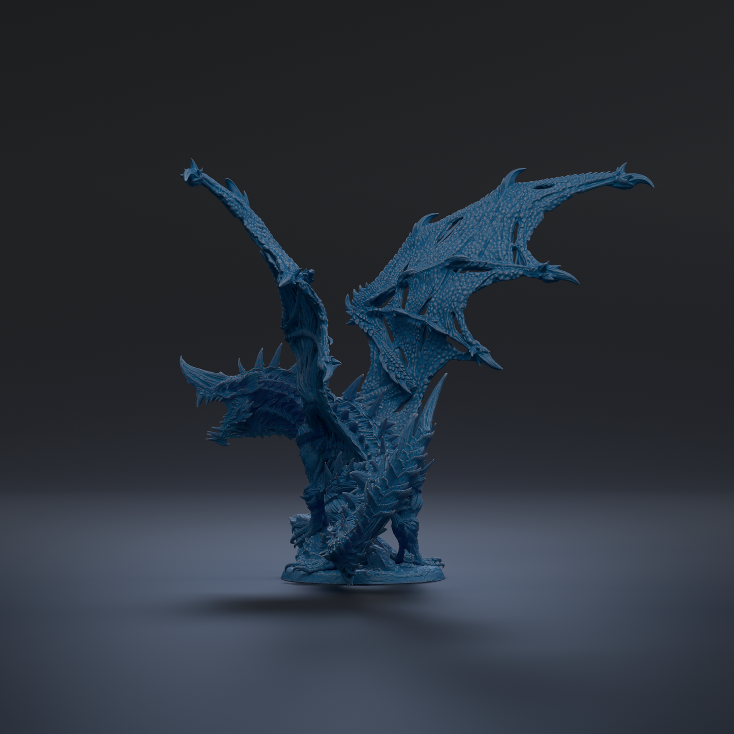 A 3D rendering of a blue dragon-like creature with sharp teeth and claws, standing on a base and facing to the right.