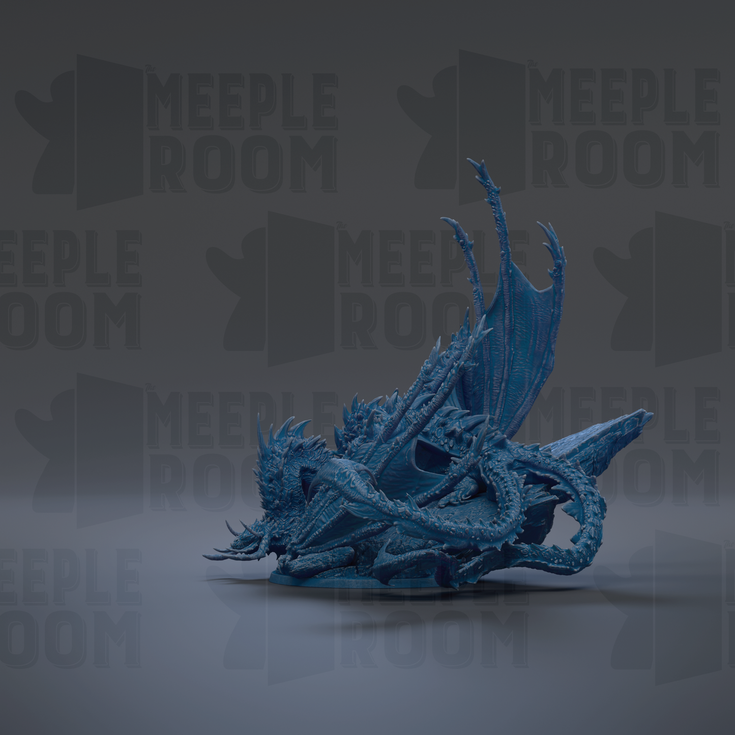 A 3D rendering of a blue dragon-like creature with sharp teeth and claws, sitting on a surface against a dark background with repeated text.