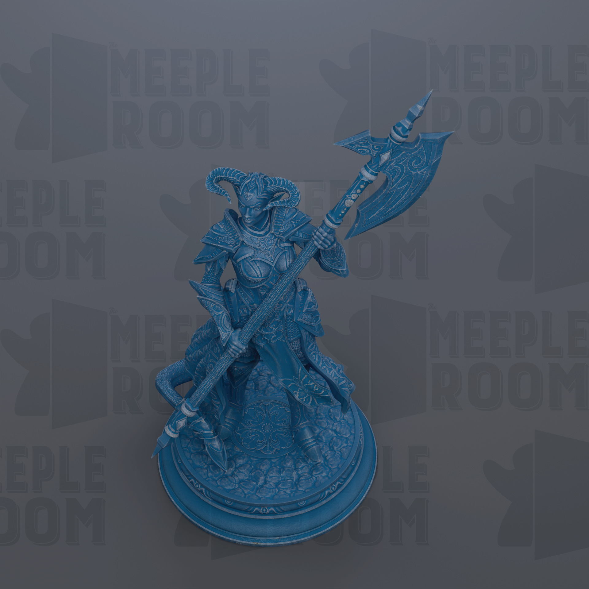 A blue figurine of a warrior figure holding a large weapon, standing on a pedestal.