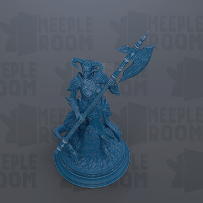 A blue figurine of a warrior figure holding a large weapon, standing on a pedestal.