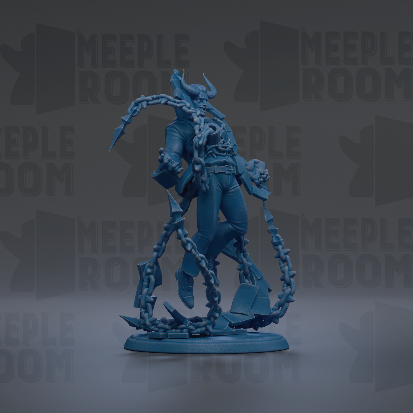 A blue figurine of a chained, chained figure stands against a dark background with the text "MEIPLROOM" repeated multiple times.