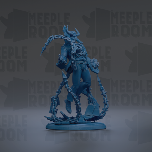 A blue figurine of a chained, chained figure stands against a dark background with the text "MEIPLROOM" repeated multiple times.