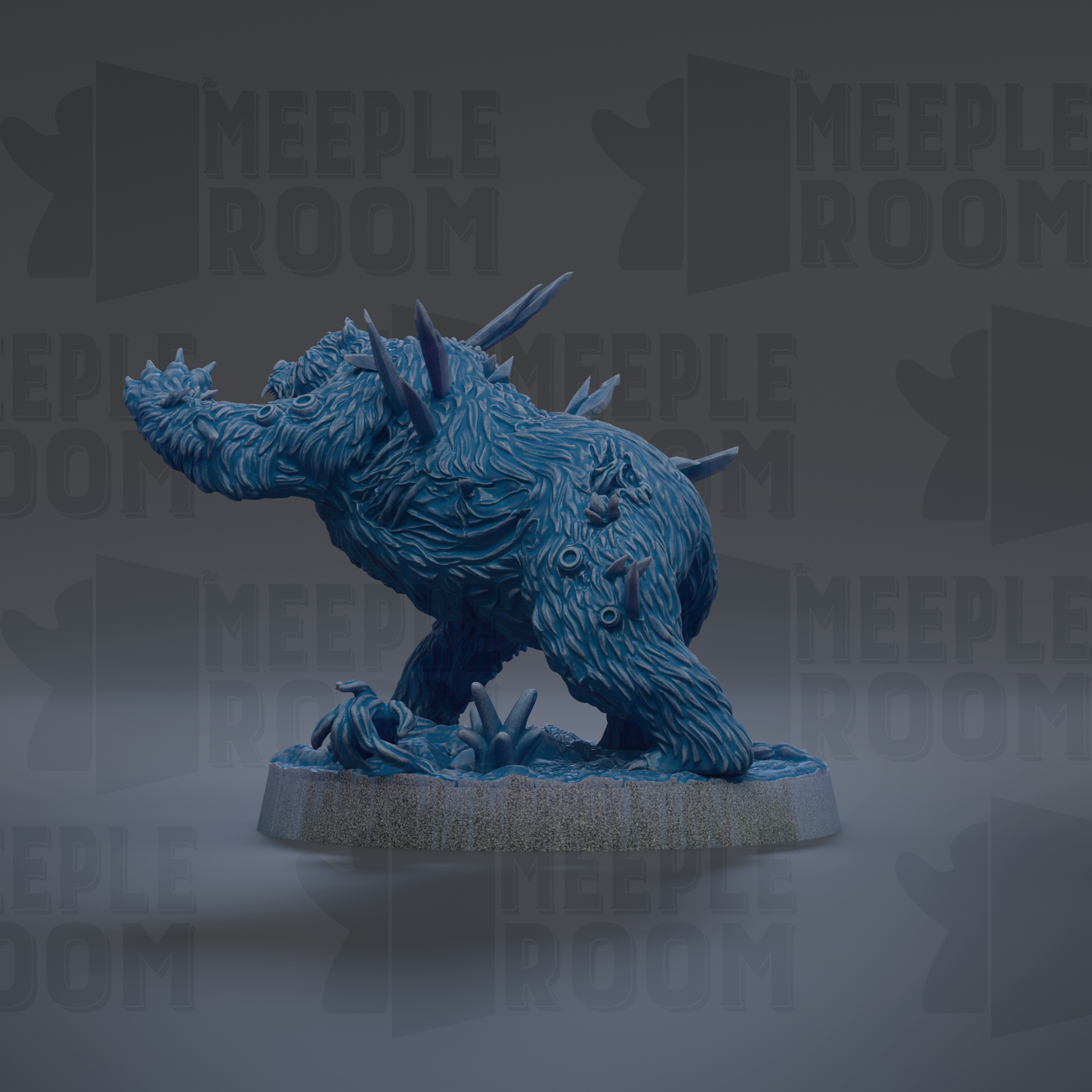 A 3D rendering of a blue, furry creature with spikes on its back, sitting on a base.
