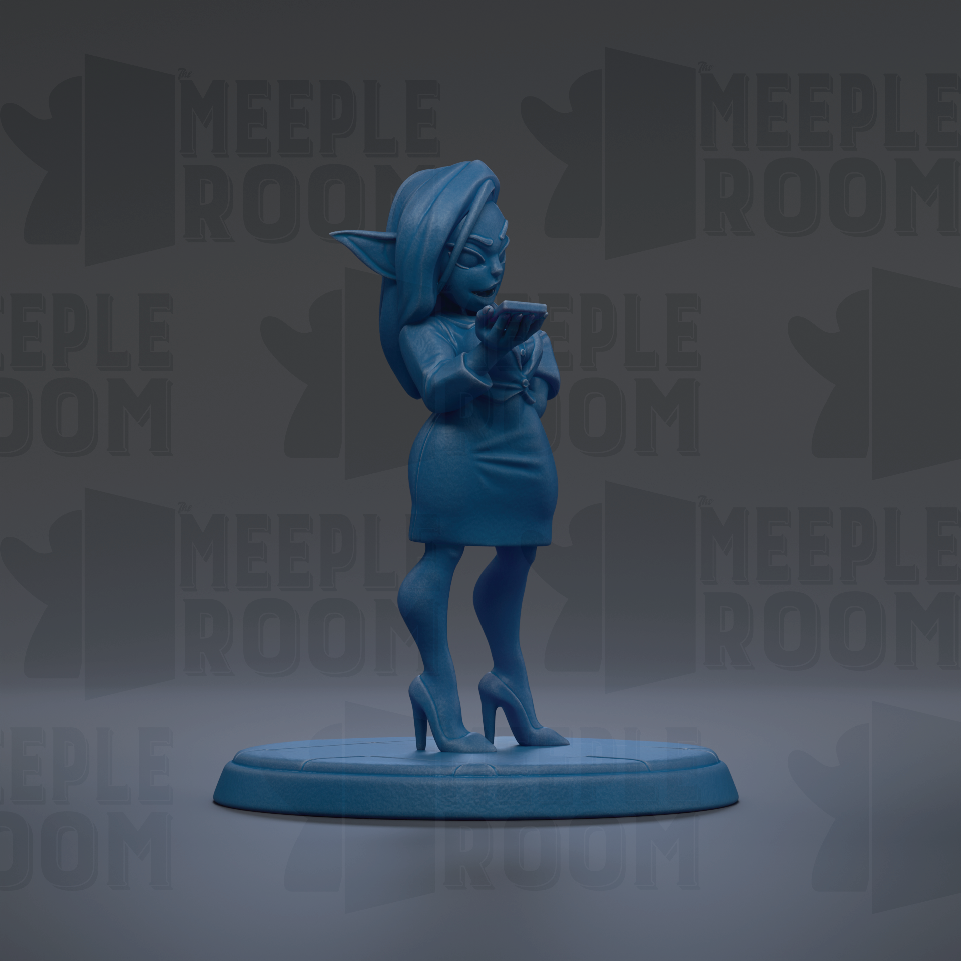 A blue figurine of a woman with a serious expression is standing on a blue base against a gray background with repeated "MEIPLLE ROOM" text.