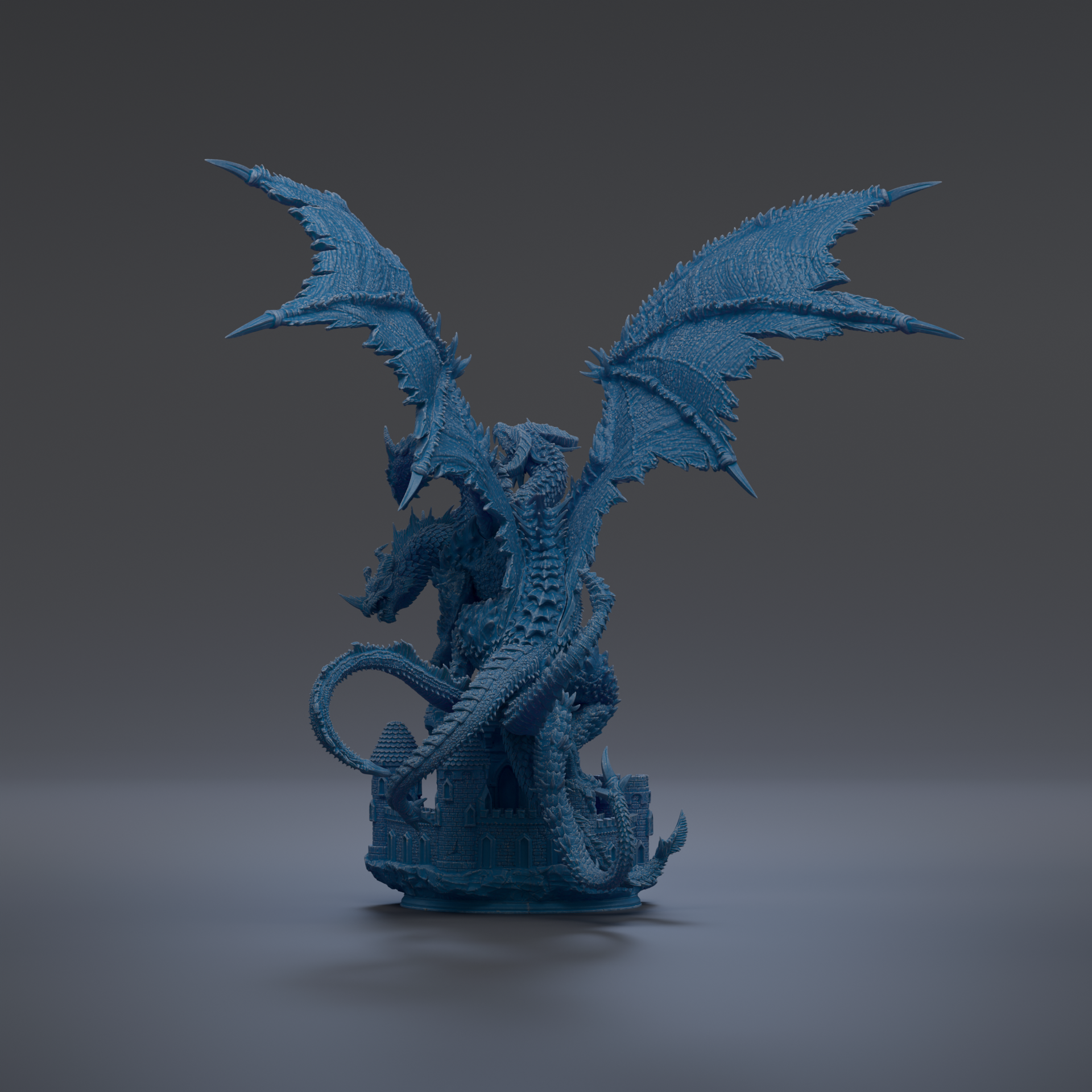 A 3D rendering of a blue dragon statue with outstretched wings, standing on a base with a castle-like structure.
