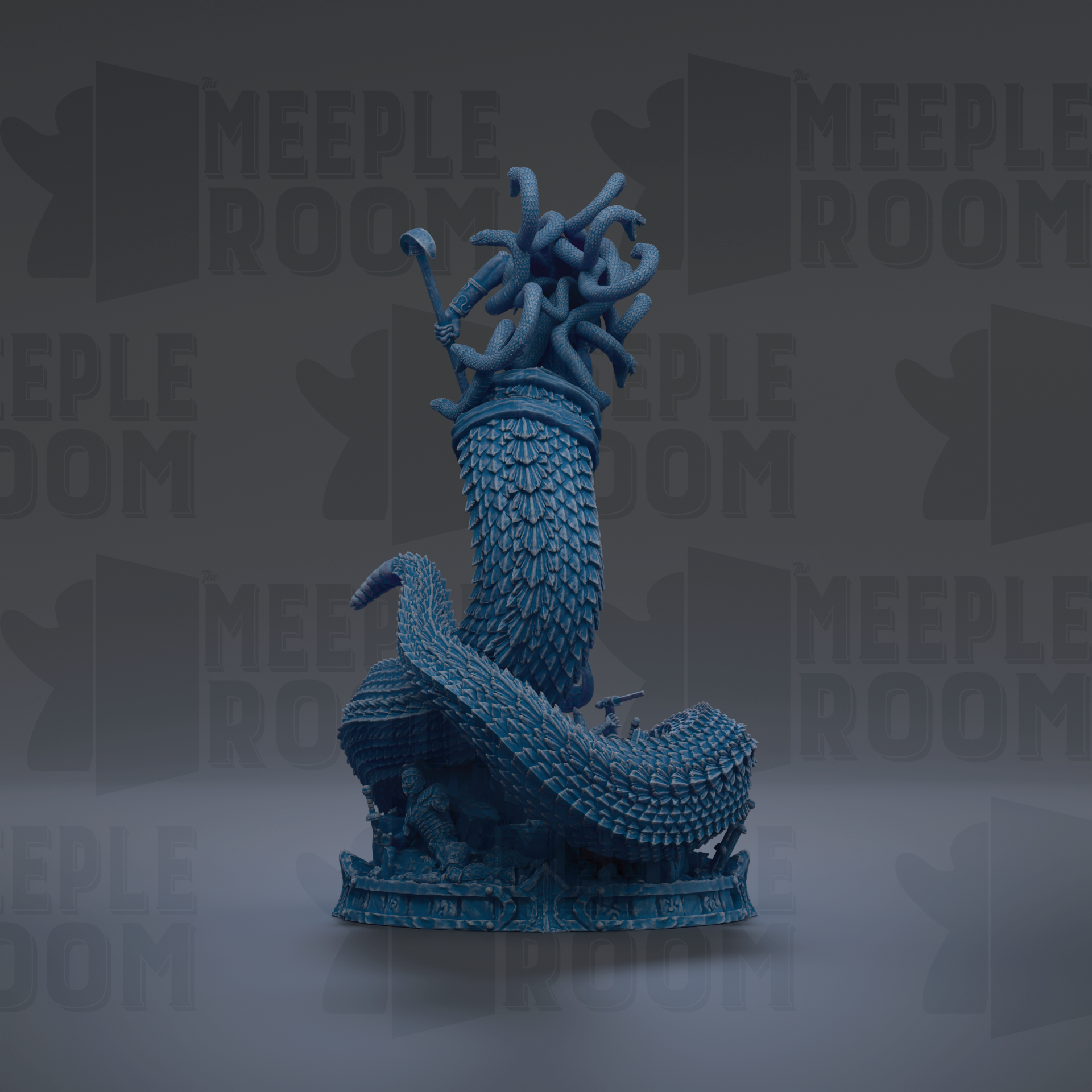 A 3D rendering of a blue, snake-like creature with a coiled body and intricate scales, set against a dark background with repeated text.