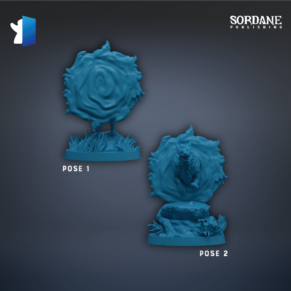 two blue figurines, each with a unique pose, set against a dark background.