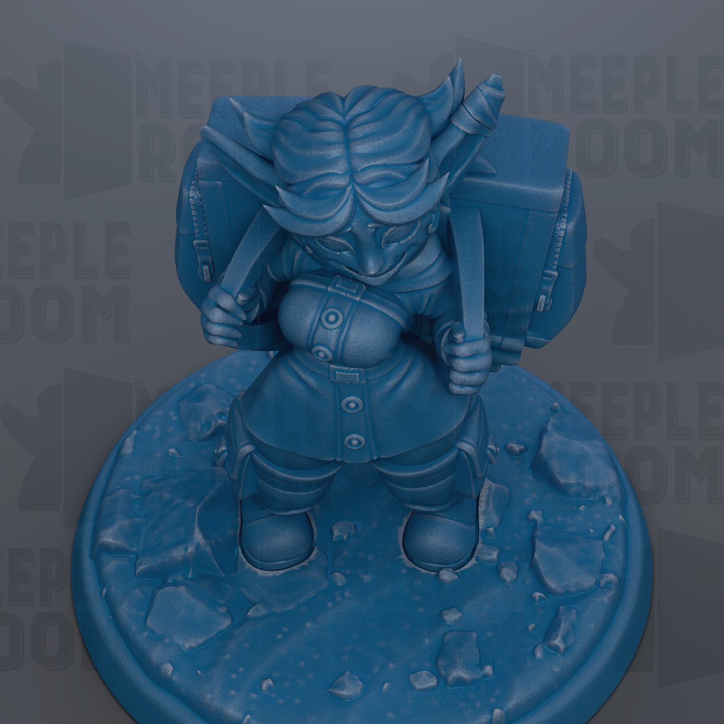 A blue figurine of a person with horns and a backpack, standing on a rocky surface.