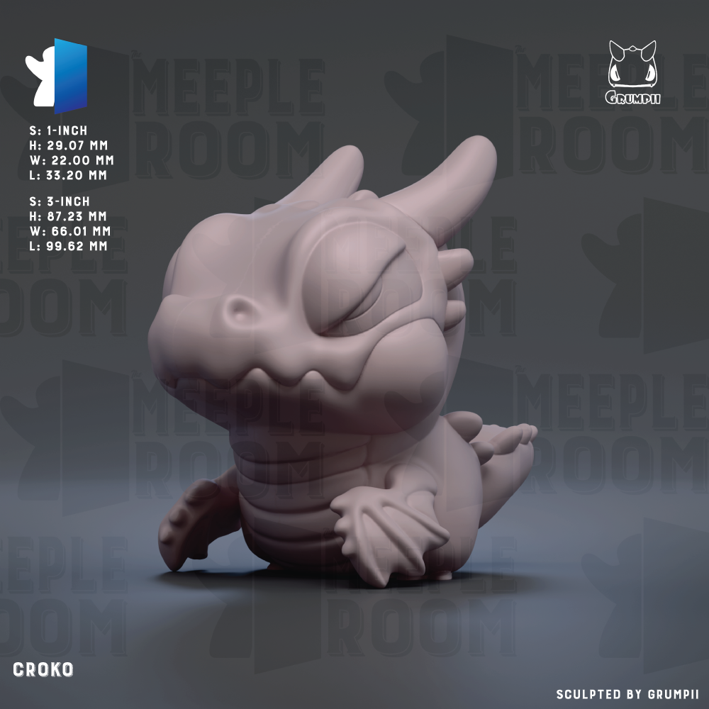 A 3D rendering of a small, cartoonish dragon figurine.