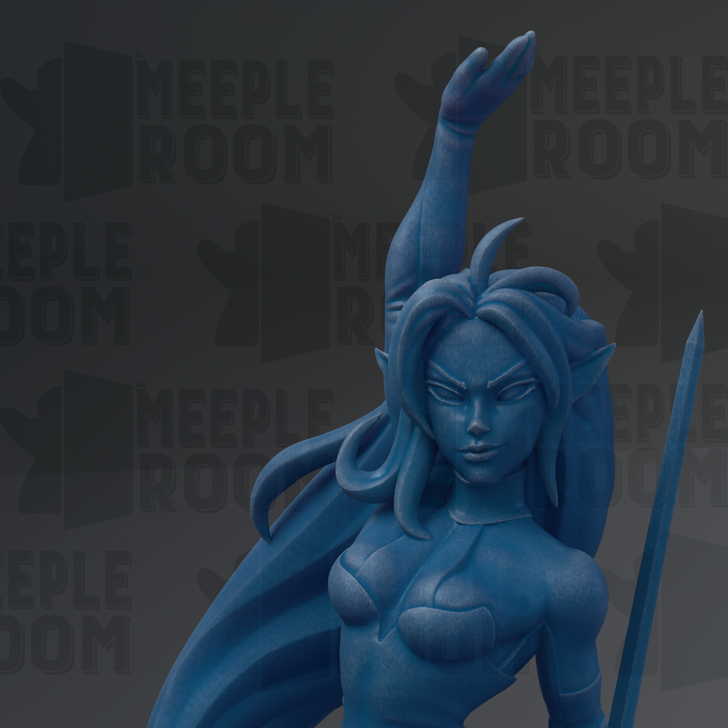 A blue statue of a female character with flowing hair and a sword, set against a dark background with repeated text.