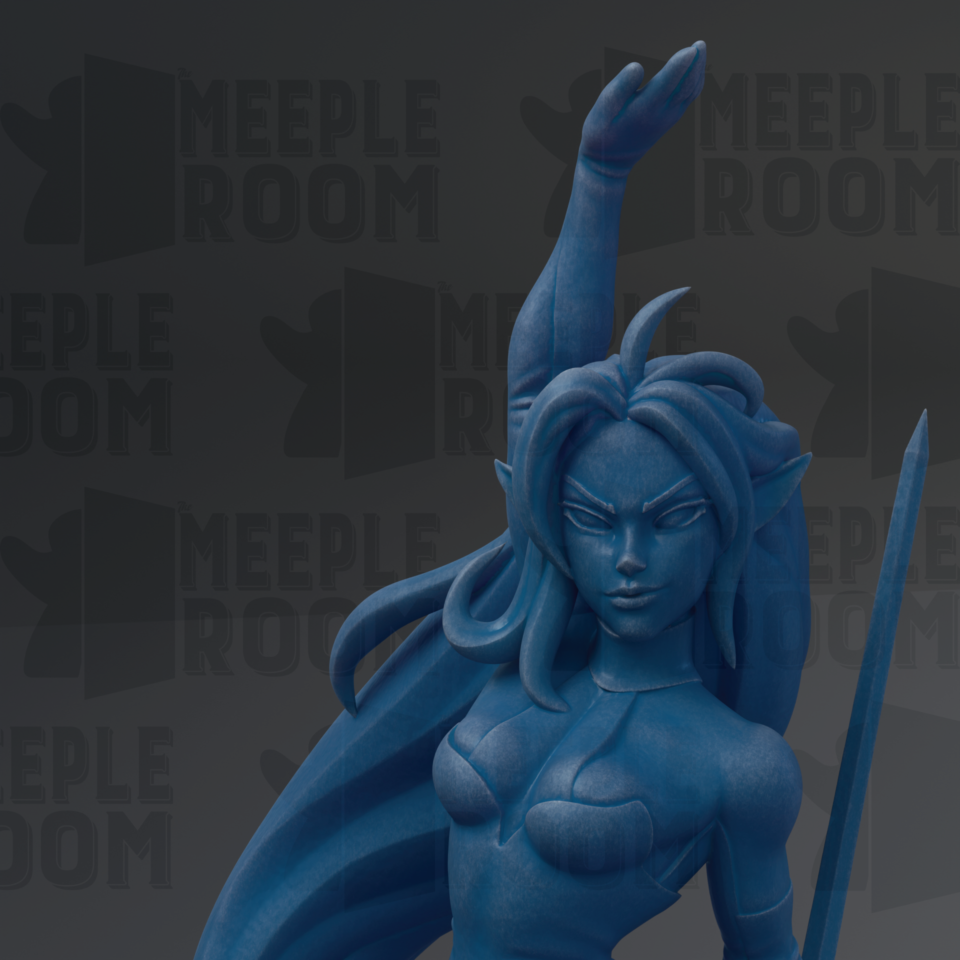 A blue statue of a female character with flowing hair and a sword, set against a dark background with repeated text.