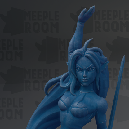 A blue statue of a female character with flowing hair and a sword, set against a dark background with repeated text.