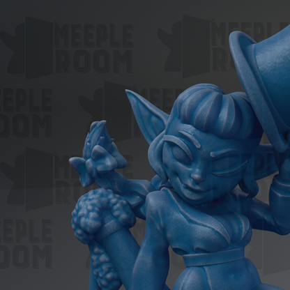 A blue, cartoonish statue of a character with a hat and a flower in its hand, set against a dark background with repeated text.