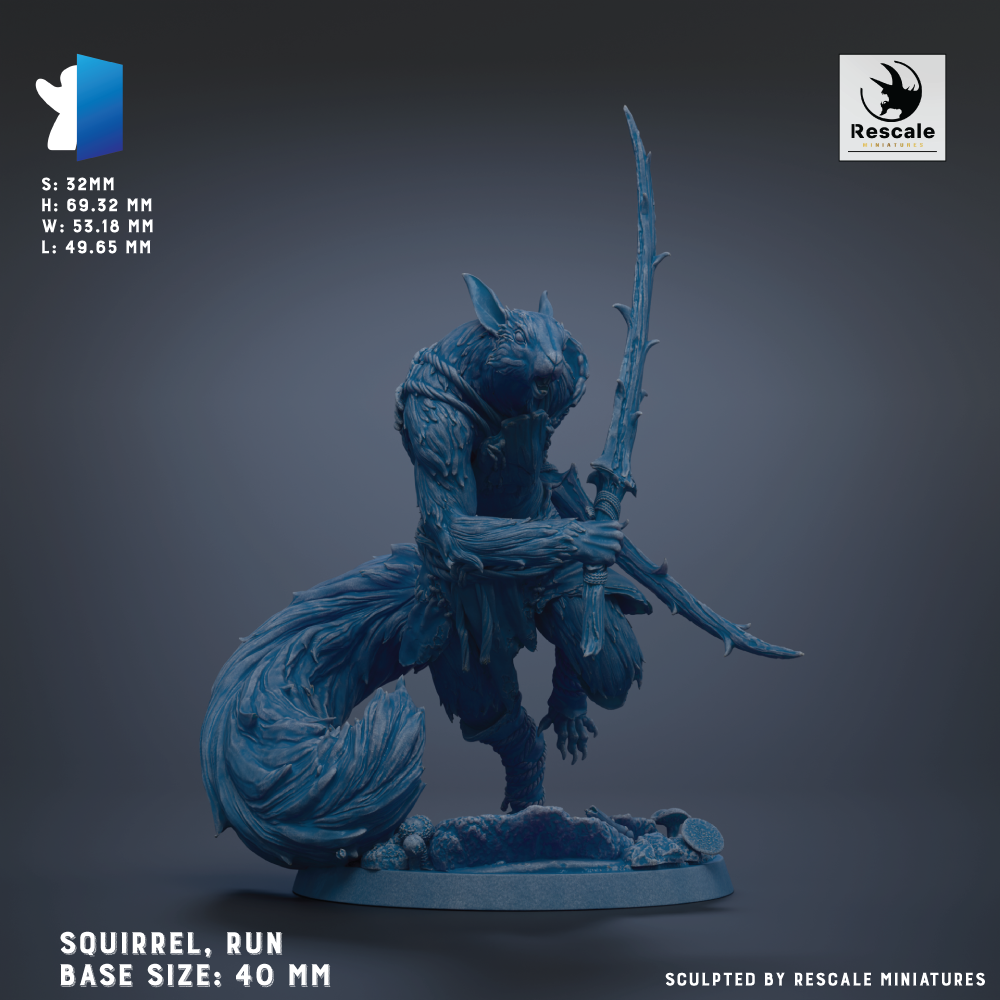 a figurine of a squirrel holding a sword, with the squirrel's tail curled around its body. The squirrel is shown in a crouched position, with its front paws resting on the ground. The figurine is described as a base size of 40 mm.