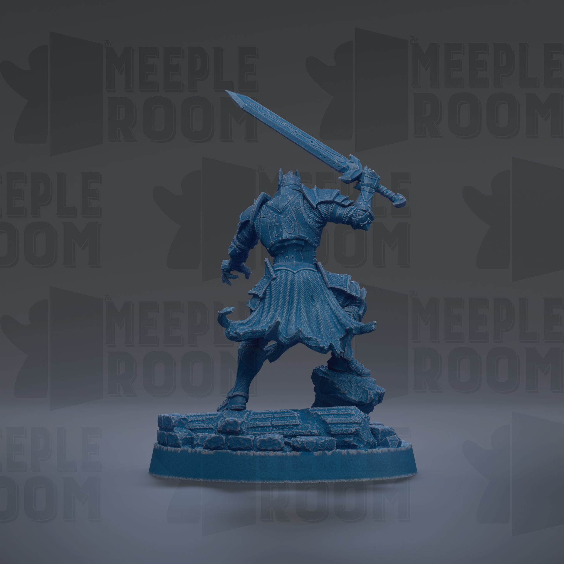 A blue figurine of a warrior standing on a base, holding a sword in a fighting stance.
