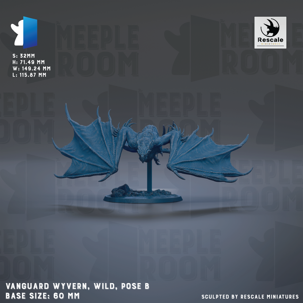 The image is a detailed 3D model of a winged creature, possibly a mythical or fantastical creature, with a blue color scheme. The creature is standing on a base and appears to be in a dynamic pose. The image is described as a "VANGUARD WYVERN, WILD, POSE B" and is labeled as a "BASE SIZE: 60 MM". The image is described as a "Sculpted by RESCALE MINIATURES".