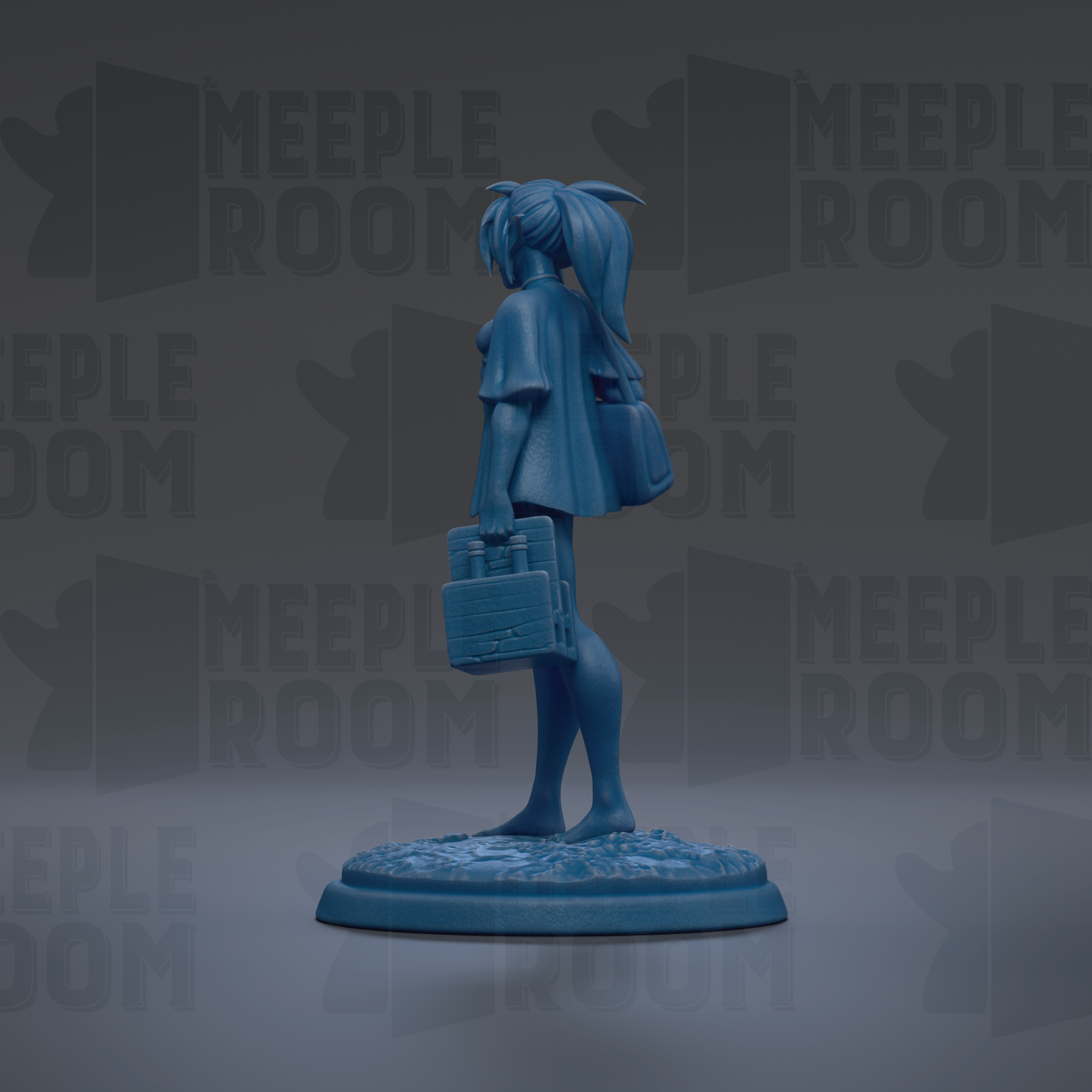 A blue figurine of a person holding a briefcase stands on a base against a dark background with repeated text.