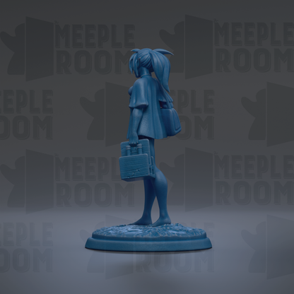 A blue figurine of a person holding a briefcase stands on a base against a dark background with repeated text.