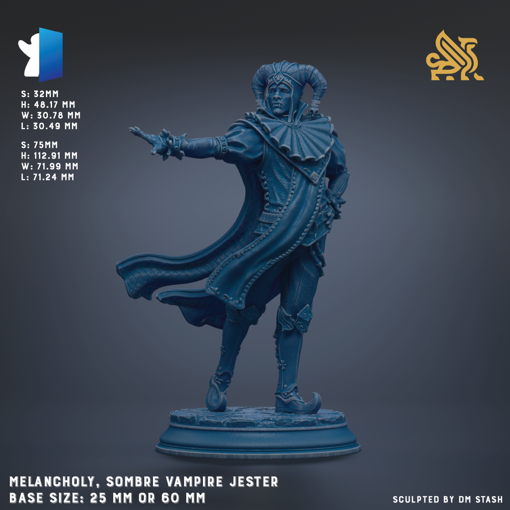 a statue of a Vampire Jester, a character from the video game Dark Souls. The statue is made of a dark blue material and is standing on a pedestal. The statue is of a size of 25mm or 60mm, depending on the perspective. The image is a collage of multiple images, and it is not a description of each individual image. The image does not begin with phrases like 'The image depicts', 'The image displays', 'The image shows', 'In the image', 'The image captures', 'The image features', or similar phrases.