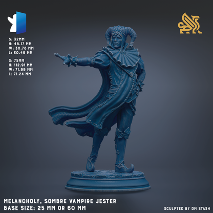 a statue of a Vampire Jester, a character from the video game Dark Souls. The statue is made of a dark blue material and is standing on a pedestal. The statue is of a size of 25mm or 60mm, depending on the perspective. The image is a collage of multiple images, and it is not a description of each individual image. The image does not begin with phrases like 'The image depicts', 'The image displays', 'The image shows', 'In the image', 'The image captures', 'The image features', or similar phrases.