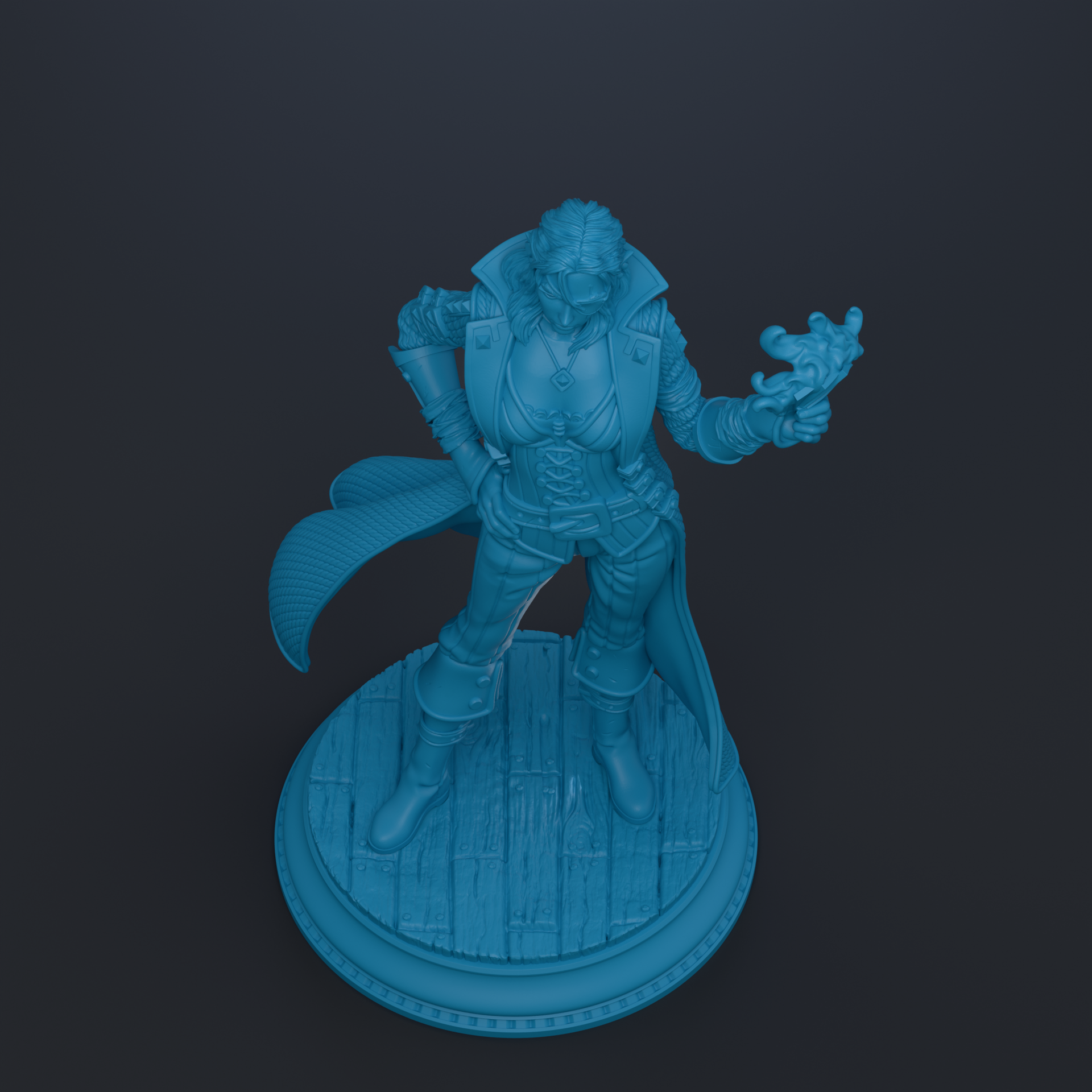 A blue statue of a person standing on a wooden base.