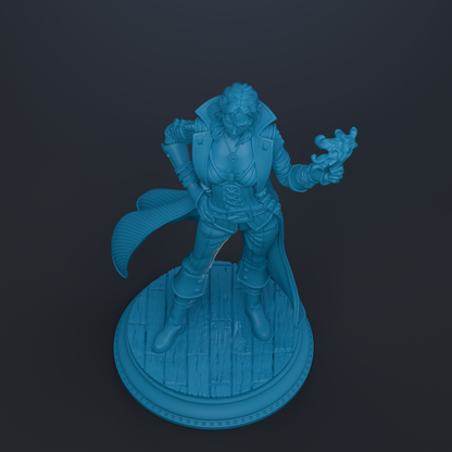 A blue statue of a person standing on a wooden base.