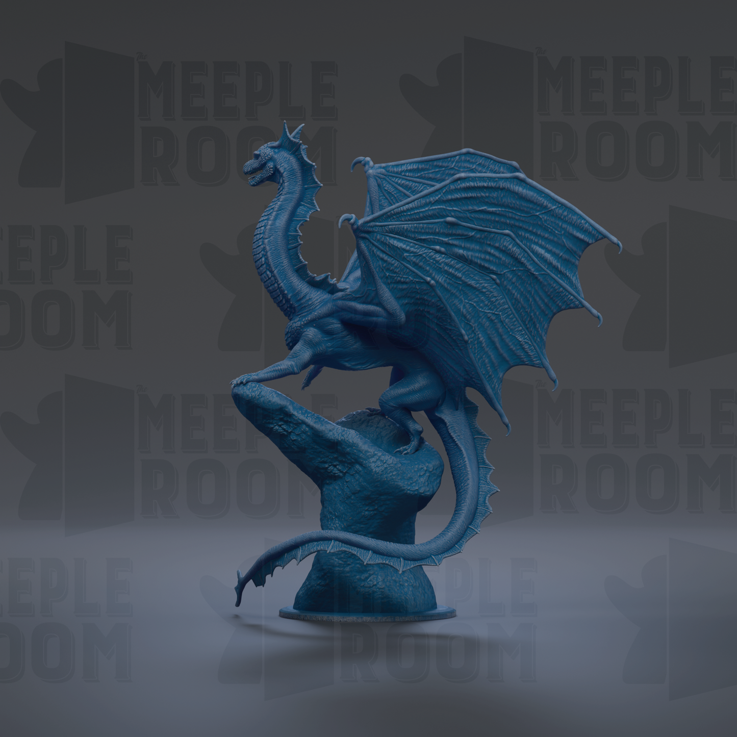 A blue dragon statue with wings spread, standing on a rock.