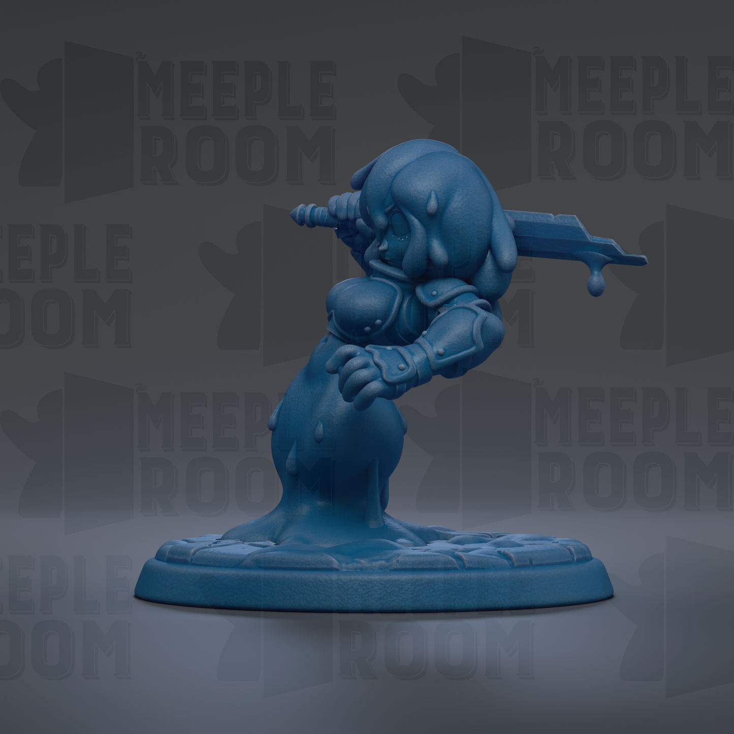 A blue figurine of a character with a sword, standing on a base, against a dark background with repeated text.