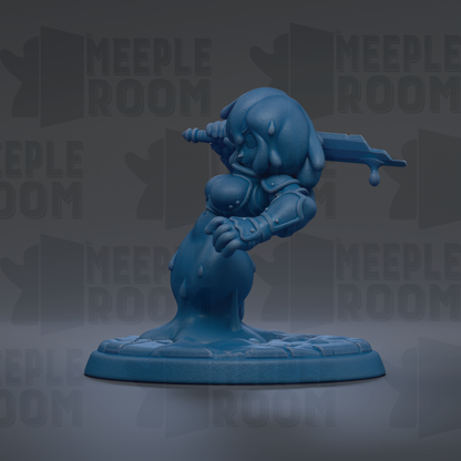 A blue figurine of a character with a sword, standing on a base, against a dark background with repeated text.