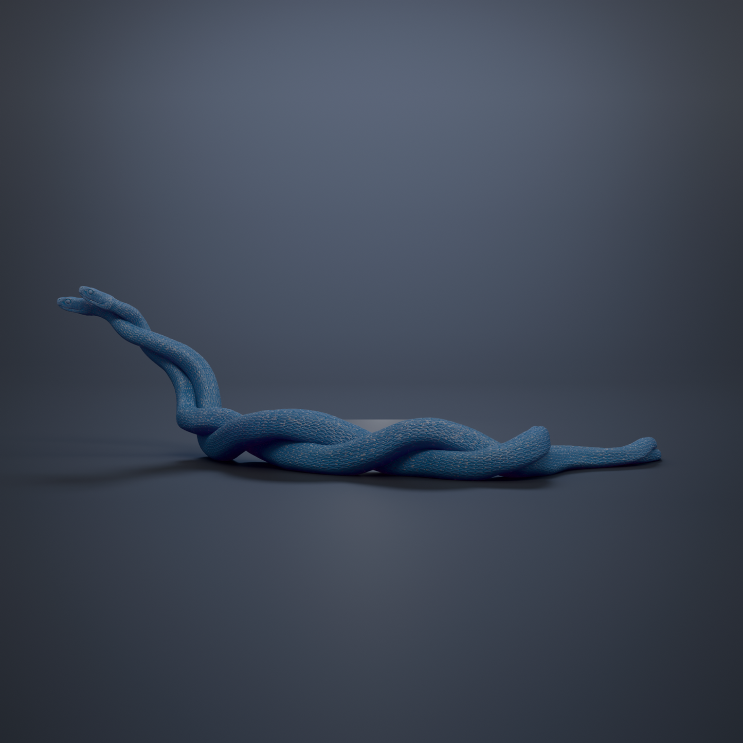 A blue, twisted, and coiled snake-like object is shown against a dark background.